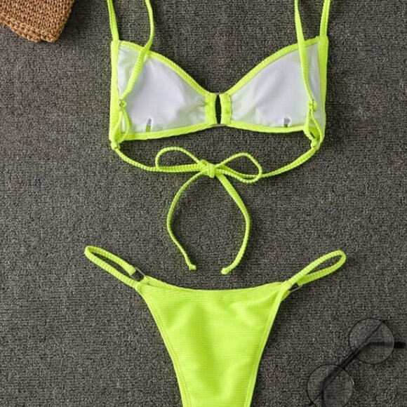 NEW Bright Neon Green Sexy Tiny Ribbed Bikini Swim Set Size Large - Picture 3 of 9
